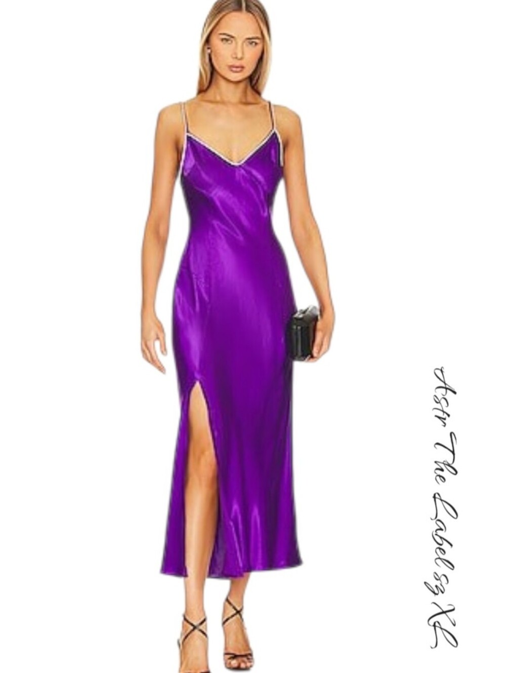 ASTR the Label Kathleen Satin Slip Dress Purple Crystal Straps Slit XL